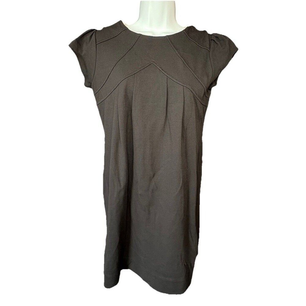 Anthropologie Black Ponte Knit Shift Dress Button Back Pleated Cap Sleeve Small - Picture 2 of 8
